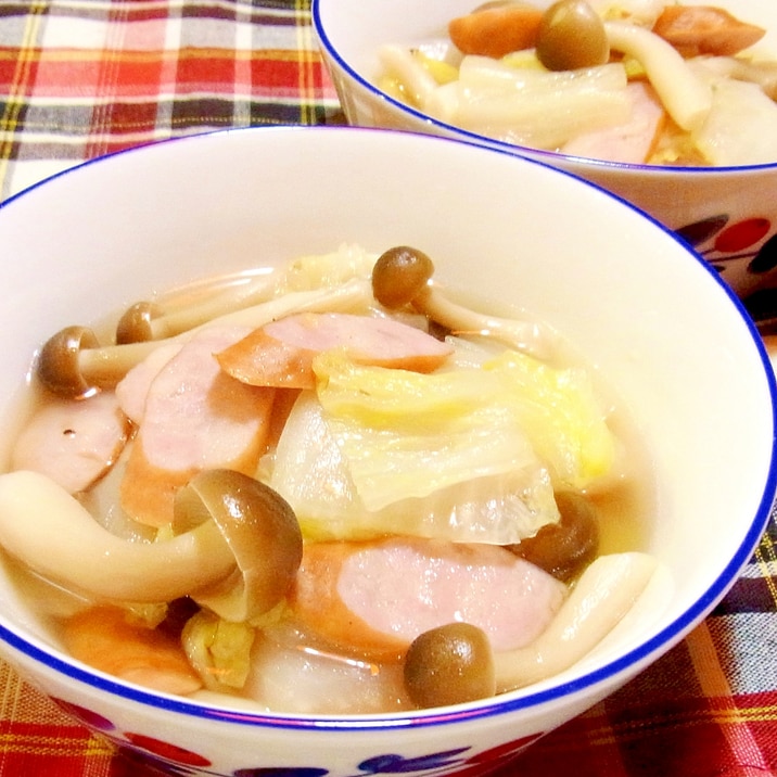 白菜としめじとウインナーの簡単コンソメ煮 レシピ 作り方 By メリッコ 楽天レシピ